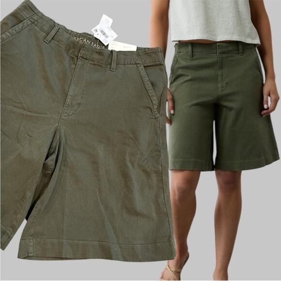 American Eagle 11" Trouser Shorts Stretch High Rise Olive Green Size 31 12 - Picture 1 of 15